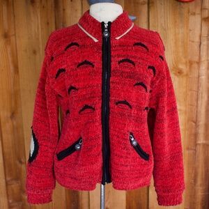 Vintage Jamie Sadock Red & Black Abstract Retro Chinchilla Knitted Bomber Jacket